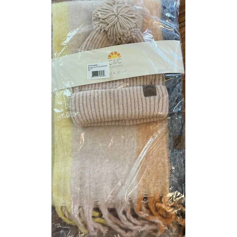 New C & C California 2 Pc. Giftset Rib Pom Beanie & Scarf Set Pink Blush‎ Soft